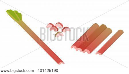 Rhubarb, Whole And Chopped. Vector Pieplant Illustration In Cartoon Flat Style Isolated On White.
