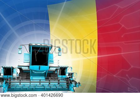 Farm Machinery Modernisation Concept, Blue Modern Grain Combine Harvesters On Romania Flag - Digital
