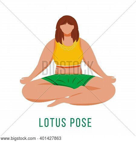 Lotus Pose Flat Vector Illustration. Padmasana. Caucausian Woman Performing Yoga Posture In Green An