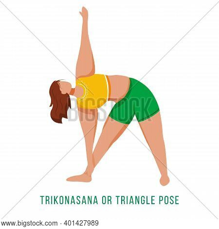 Trikonasana Flat Vector Illustration. Triangle Pose. Caucausian Woman Performing Yoga Posture In Gre