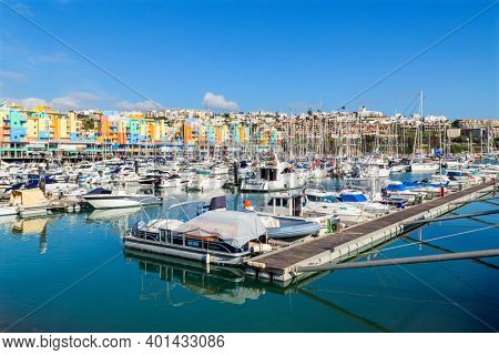 Albufeira, Portugal - December 22, 2020: view of the luxurious marina of Albufeira where are parked tourist boats