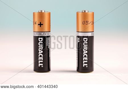 Kharkov, Ukraine - November 24, 2020: Duracell Batteries On White Background. Duracell Is An America