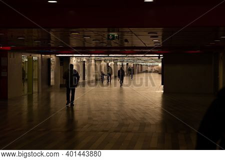 Prague, Czech Republic, 12-31-2020. People Walking To Catch Their Train To Departure From Prague Mai