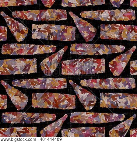 Seamless Dark Geometric Block Print Background. Boho Ethnic Soft Furnishing Fabric Style. Tie Dye Pa