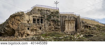Jerusalem, Israel - December 17th, 2020: Ancient Tombs And Burial Caves Around The Tombs Of The Sons
