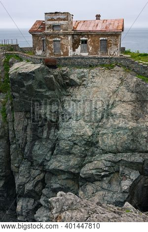 Huge Rocks On The Ocean, Sea Summer Landscape, Old Stone Building On A High Cliff, Gamova Lighthouse