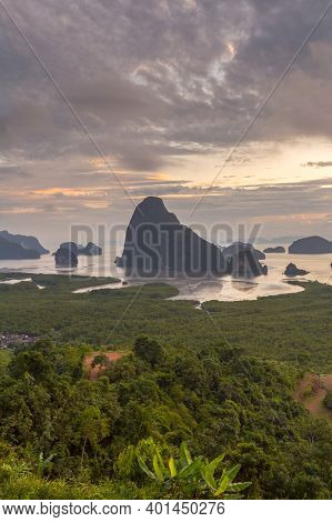 Samet Nangshe Viewpoint At Sunrise In Phang Nga, Thailand.