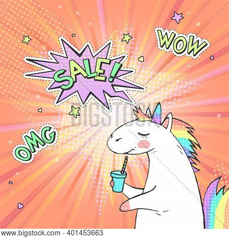 Advertising Pop Art Poster With Hand Drawn Magic Unicorn In Retro Comic Style. Speech Bubble With Te