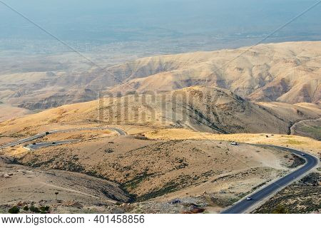 Scenic Aerial View From Biblical Mount Nebo In Jordan With Sunset Light. View From Top Of The Mount 