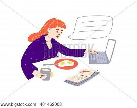 The Girl At Breakfast Is Chatting Online. Young Redhead Woman In Purple Pajamas Eating Scrambled Egg
