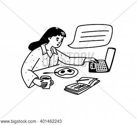 Hand-drawn Young Woman Having Breakfast. The Girl Writes A Message On A Laptop At Breakfast. Vector 