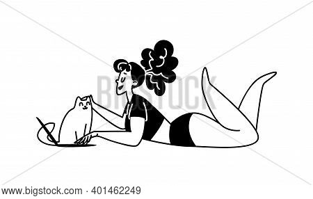 Hand-drawn Girl Lies In Front Of A Laptop And Strokes A Pet Cat. Young Woman Black On White In A Top