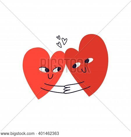 Two Hand-drawn Hearts Are Holding Hands And Looking Into Each Other's Eyes. Doodle Couple Of Happy H