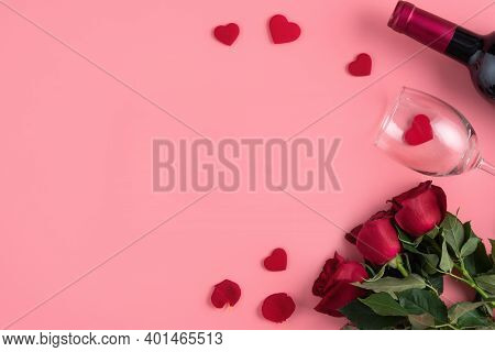 Valentine's Day Dating Gift With Wine And Rose Concept On Pink Background