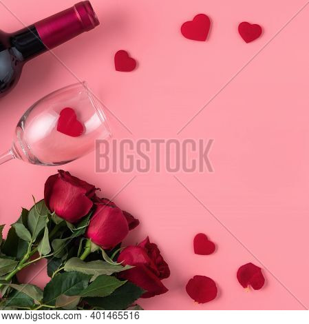 Valentine's Day Dating Gift With Wine And Rose Concept On Pink Background