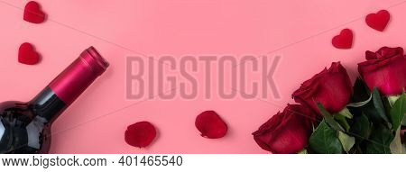 Valentine's Day Dating Gift With Wine And Rose Concept On Pink Background