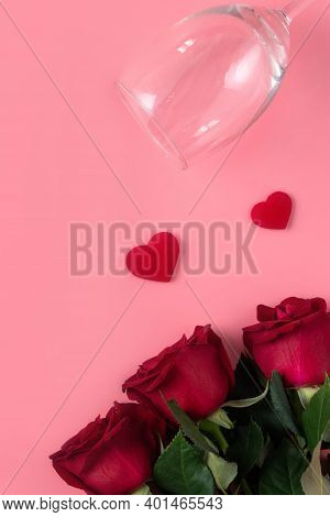 Valentine's Day Dating Gift With Wine And Rose Concept On Pink Background