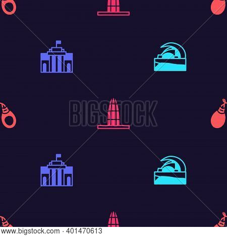 Set Concert Hall De Tenerife, Prado Museum, Agbar Tower And Castanets On Seamless Pattern. Vector