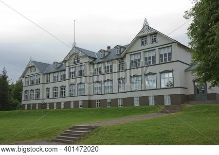 Building Of Junior College In Akureyri In Iceland During Summer