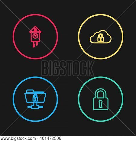 Set Line Ftp Folder And Lock, Lock, Cloud Computing And Retro Wall Watch Icon. Vector