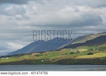 Beautiful View And Landscape Of Icelandic Fjord That Is Surrounding Town Of Akureyri In Iceland