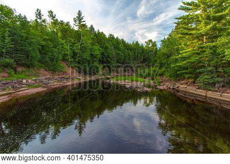 Forest River Landscape. Boreal Forest Wilderness Scene And River On The Prickett River In The Upper 