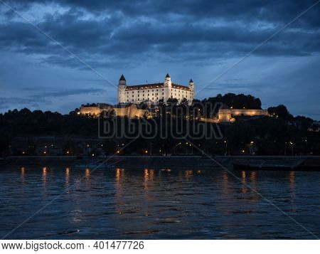 Illuminated Gothic Renaissance Baroque Medieval Bratislava Castle Fortress During Blue Hour In Slova