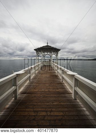 Lakeside Waterfront Esplanade Pavilion Gazebo Elevated On Wooden Pier Stilts In Lake Constance Boden