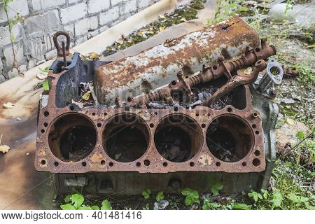 Old Rusty Disassembled Eight-cylinder Engine In Pripyat