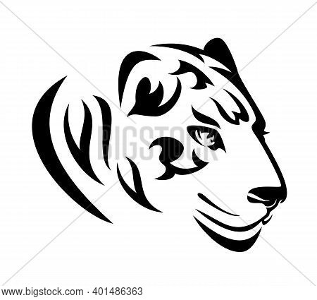 Wild Jaguar Or Tiger Profile Head - Stylized Big Cat Black And White Vector Portrait