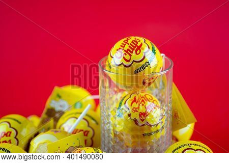 Samut Prakan, Thailand - January 1, 2020 : Chupa Chups Lollipop. The Entire Chupa Chups X Line Toys,