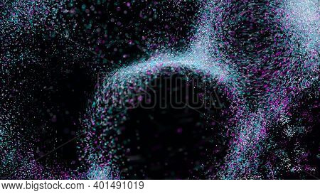 Dust Moves Around Ball. Animation. Colorful Dust Is Blown Up In Form Of Balls. Magnetized Dust Moves