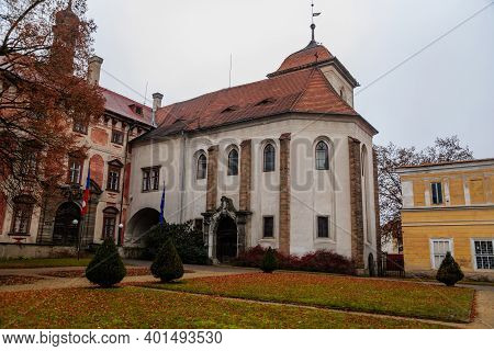 Castle Libochovice With French Style Park And Garden, Romantic Baroque Chateau In Winter Day, Castle