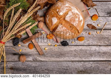 Traditional Food For Orthodox Christmas Eve. Yule Log Or Badnjak, Bread, Cereals, Dried Fruits And W