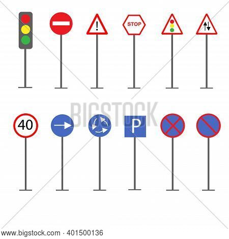 Set Of Road Signs And Traffic Lights On A White Background.
