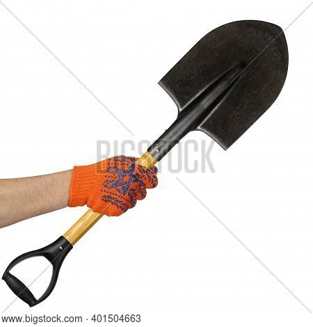Objects Hands Action - Hand In Working Glove Holds A Short Shovel Isolated White Background.