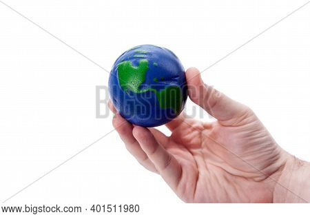 Earth Globe In Human Hand On White Background