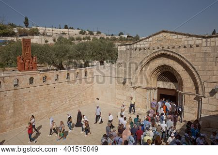 People Entering Church Of The Sepulchre Of Saint Mary, Known As Tomb Of Virgin Mary, Sanctuary At Mo