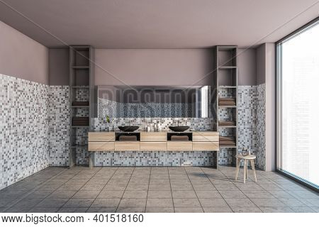 Grey And Pink Bathroom With Two Black Sinks And Mirror. Wooden Drawers And Shelves With Towels, Grey