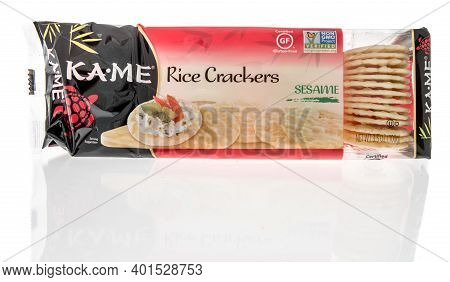 Winneconne, Wi -30 December 2020: A Package Of Kame Rice Crackers On An Isolated Background.