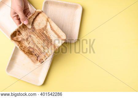Hand Holding Betal Palm Leaf Plate (biodegradable, Compostable, Disposable Or Eco Friendly Plate) On