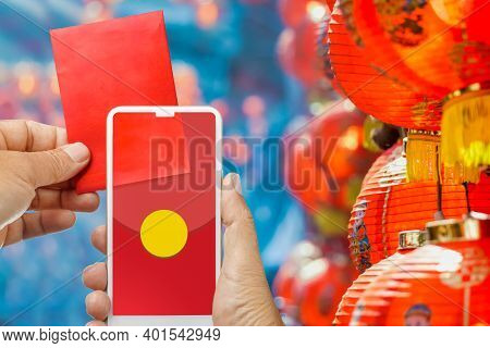 Chinese New Year , Mobile Red Pocket Wallet On Cellphone.