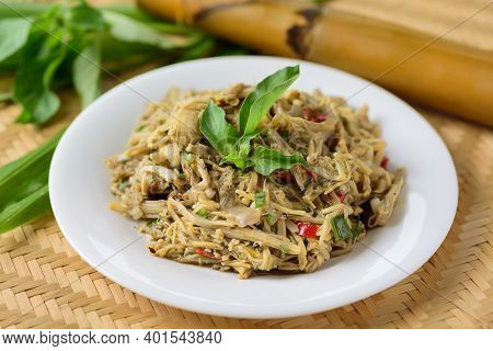 Northern Thai Food (yum Nor Mai), Spicy Bamboo Shoot Salad With Crab Paste Eating With Basil And Gin