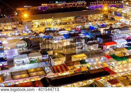 Bangkok, Thailand - October 12, 2020: Night View Of The Train Night Market Ratchada. Train Night Mar