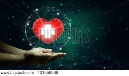 Hand Holding Red Heart With White Cross Symbol. World Map Background. Health Care, Health Insurance,