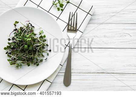 Micro Greens In A Plate On A White Background, Micro Green, Healthy Food Concept