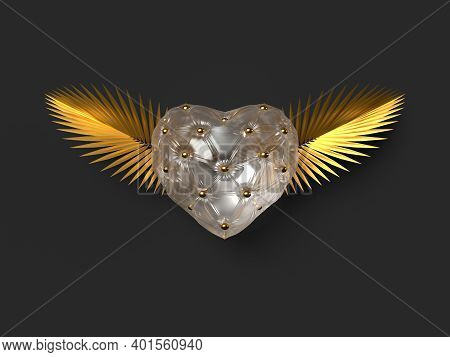 Transparent And Buttoned Heart With Golden Palm Leaves. Love Concept Of Flying Glossy Heart With Win