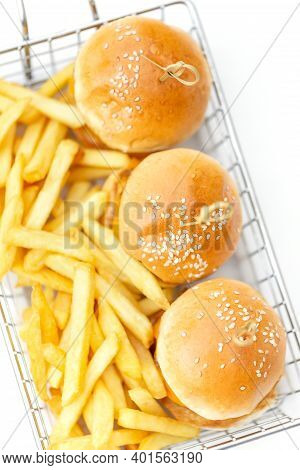 Mini Burgers With French Fries Served At The Bar, Finger Food, Top View