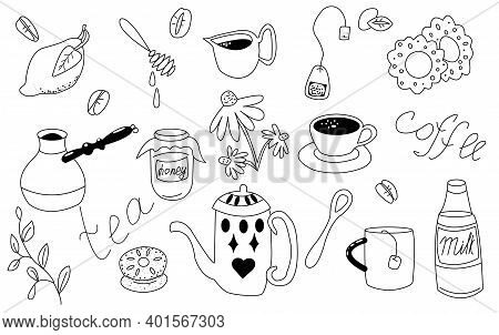 Coffee-tea Big Set. Vector Doodle Illustration. Here Lemon, Coffee Beans, Coffee Pot, Honey Jar, Hon