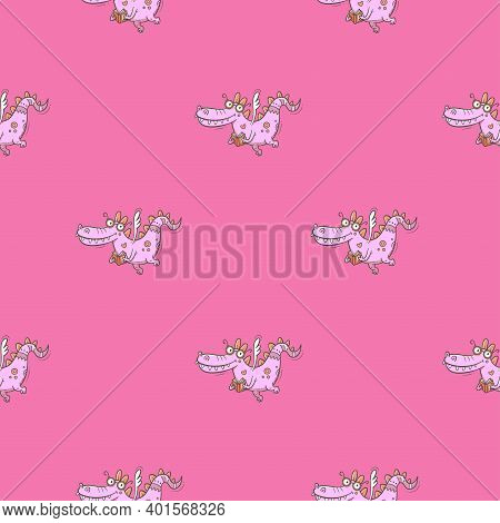 Seamless Pattern With  Cute Cartoon Smart Dragon On Pink Background. Funny Crocodile Print. Reading 